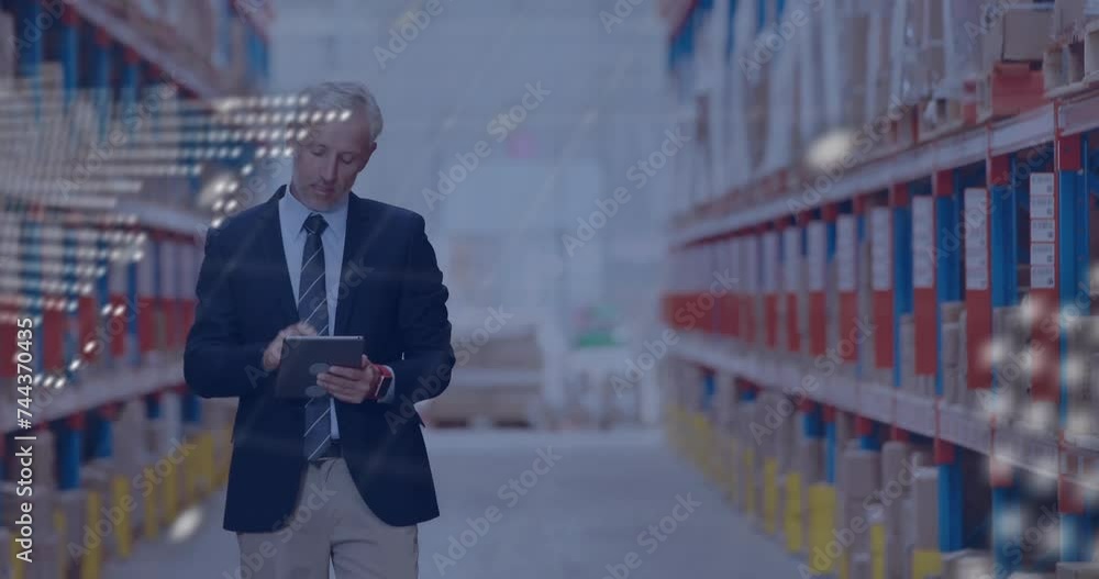 Poster animation of digital data processing over caucasian man working in warehouse
