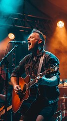 Musician playing guitar and singing into microphone on stage with band
