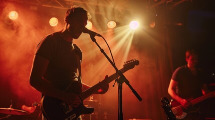 Musician playing guitar and singing into microphone on stage with band