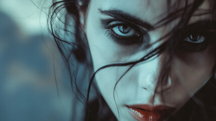 Intense gaze of a woman with dark makeup.