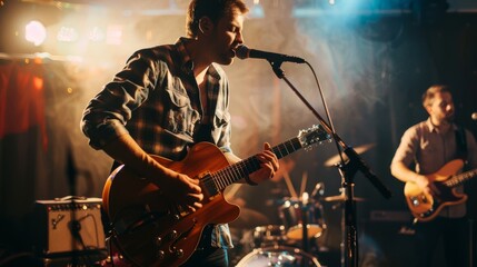 Obraz premium Musician playing guitar and singing into microphone on stage with band