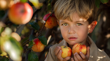Fototapeta na wymiar Boy holding apples in sunlit orchard.