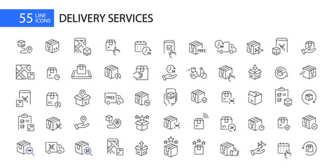 Fototapeta na wymiar Delivery company services. Parcel shipment, app for tracking and return. Pixel perfect vector icons set