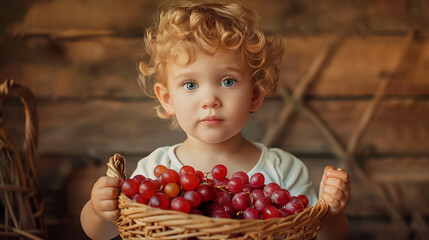 Fototapeta na wymiar Curly-haired toddler with a basket of grapes.
