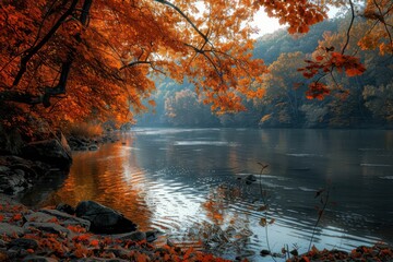 Autumn landscape with river and colorful leaves.