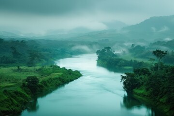 Landscape of a river in the morning with fog and mist.