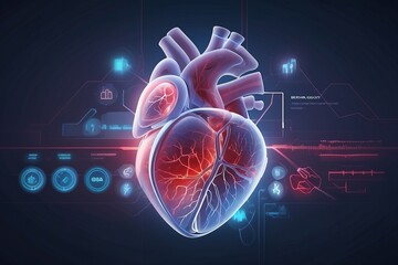 futuristic medical research or heart cardiology health care with diagnosis vitals infographic biometrics for clinical and hospital stethoscope and catheter services as wide banner with copy space area