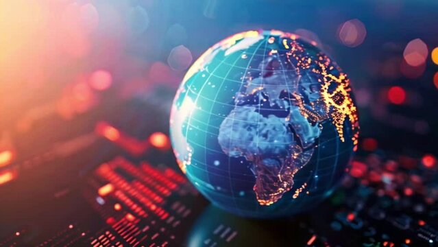 futuristic digital earth globe and stock market trading forex data on large screen display Generative AI