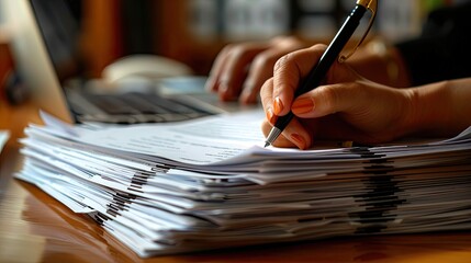 A close-up of a hand holding a pen, poised to sign an important document, with a stack of papers