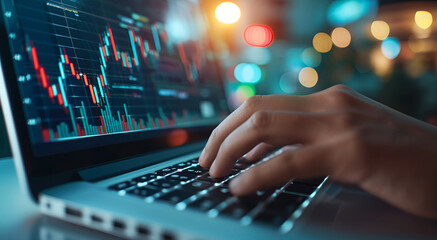 Stock analysts use laptops to analyze stock market data displayed on the screen. - obrazy, fototapety, plakaty
