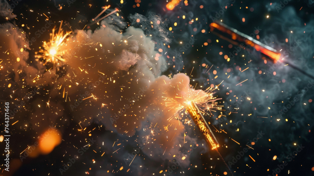 Poster a bold and dynamic background of firecrackers exploding against a black backdrop symbolizing the war
