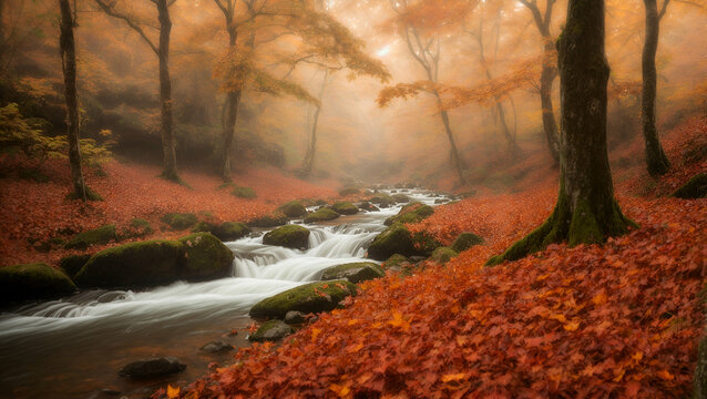 river waterfall in colorful autumn forest park