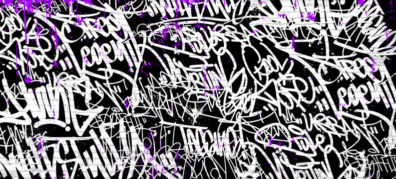 Graffiti background with throw-up and tagging hand-drawn style. Street art graffiti urban theme for prints, banners, and textiles in vector format.
