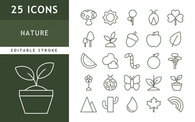 Set of linear nature icons. Editable stroke. Environment, ecology, animal, plant, flower, natural. Vector illustration