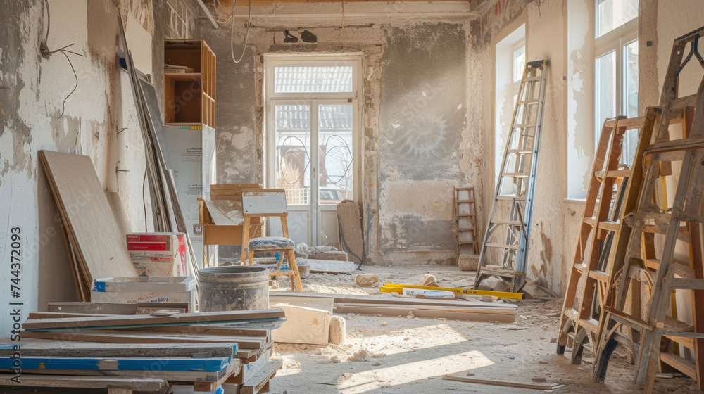 Poster an image of a dusty and cluttered room with a ladder and various unfinished renovation projects in t