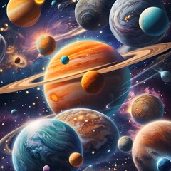 The Solar system, high quality, 8K Ultra HD, vivid colors, seamless patterns, fabric art, art station, starry night, many colorful and detailed designs combining magic and fantasy Generative AI