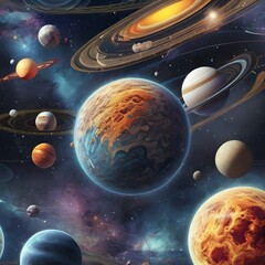 The Solar system, high quality, 8K Ultra HD, vivid colors, seamless patterns, fabric art, art station, starry night, many colorful and detailed designs combining magic and fantasy Generative AI