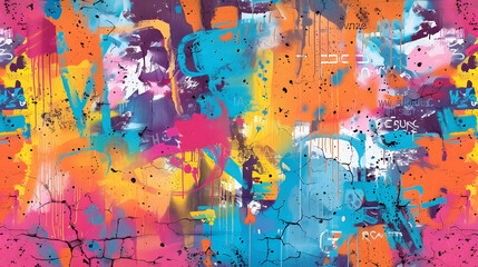 Obraz na płótnie Canvas A vibrant, seamless pattern of colorful graffiti art layered on a weathered concrete wall, showcasing urban street art.