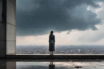 A lone woman standing on the roof of a high building contemplating suicide with dark clouds and cityscape as background - obrazy, fototapety, plakaty