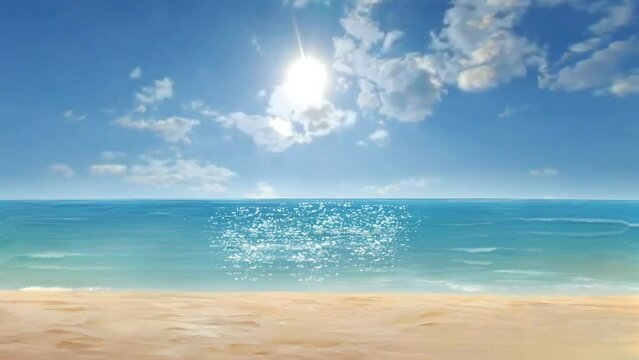 The calm atmosphere of the beach with gentle sea waves and sunlight. Summer day concept. Cartoon illustration style. Seamless looping time-lapse video animation background.