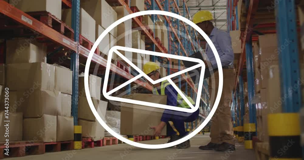 Poster animation of email icon and data processing over diverse men working in warehouse