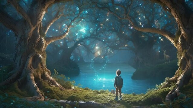 Boy in the forest, 4k, background, animation video, seamless looping