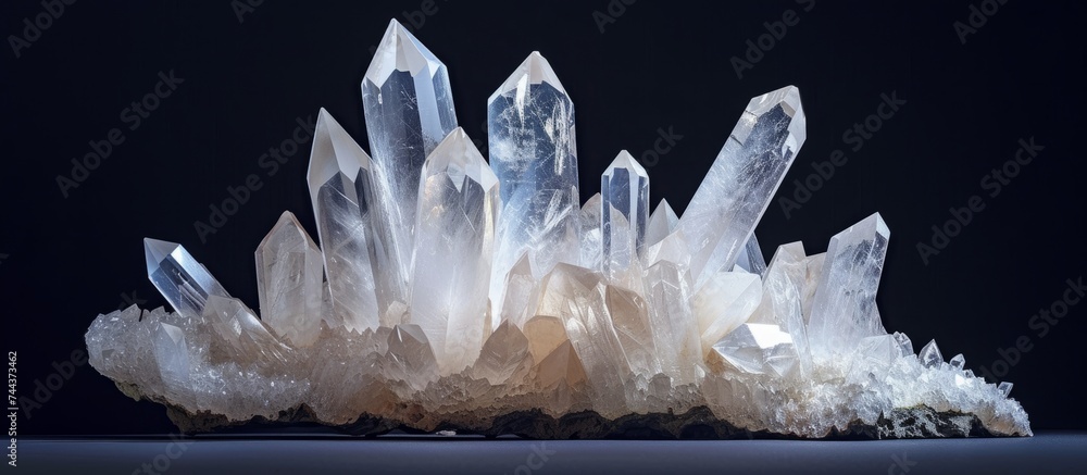 Poster exquisite cluster of natural quartz crystals reflecting light in unique patterns and formations
