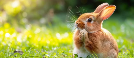 Foto op Canvas A happy brown Rabbit with whiskers is standing in the grass, gazing at the camera. © AkuAku