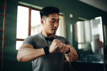 active young Asian man exercising at home, using fitness tracker app on smartwatch to monitor training progress and measuring pulse. keeping fit and staying healthy. health, fitness and technology 