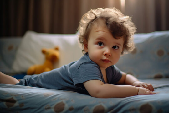 Adorable baby boy laying down on bed and looking away