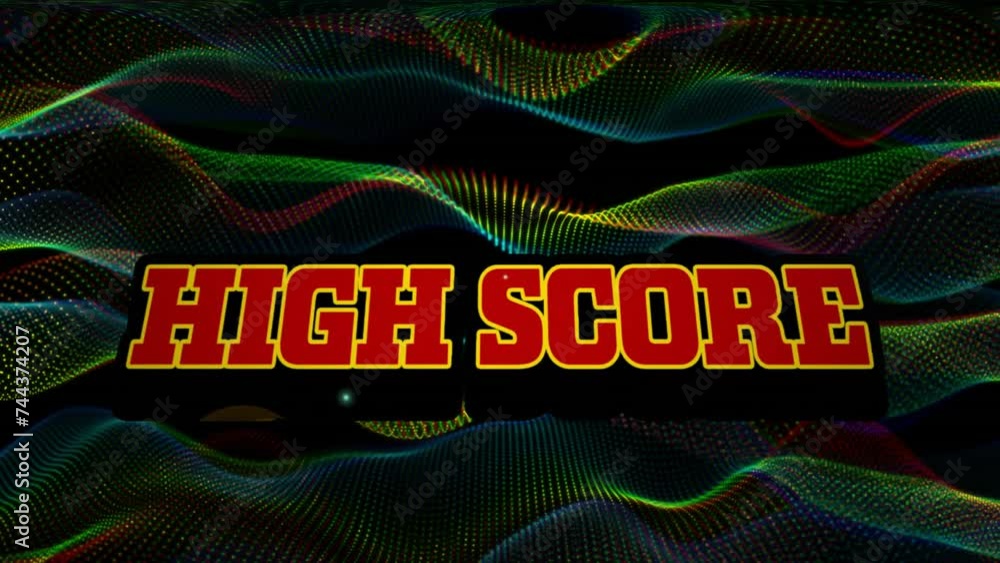 Poster Animation of high score text over neon mesh pattern background