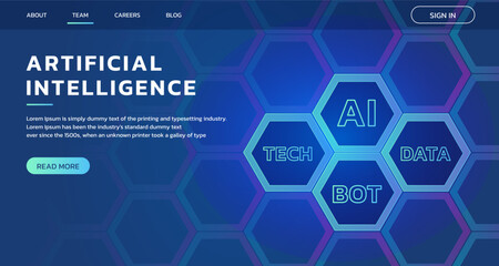 Artificial intelligence banner landing page vector Illustration concept. AI technology, big data, tech, robot, machine learning for website or web application template.