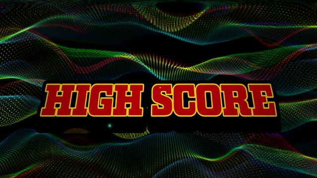 Animation of high score text over neon mesh pattern background