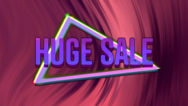 Animation of huge sale text over neon triangle on dark background