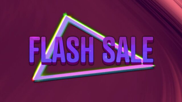 Animation of flash sale text over neon triangle on dark background