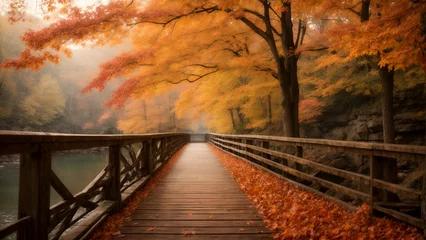 Wall murals Road in forest wooden bridge in autumn , lake bridge in fall forest