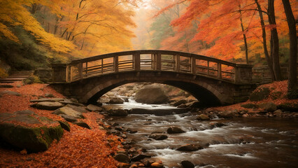 old bridge over the river in autumn forest