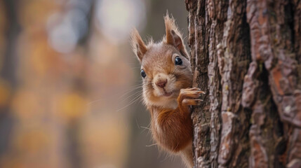 Curious red squirrel peeking behind the tree trunk