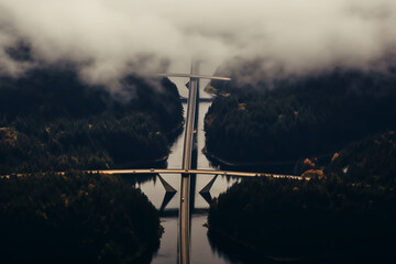 aerial photo of a bridge crossing a river