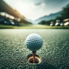 Golf ball sits on tee at the start of long drive, on golf course
 - obrazy, fototapety, plakaty
