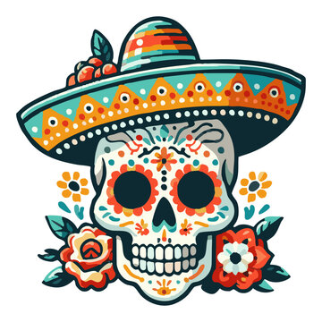 A colorful and festive Cinco de Mayo skull wear sombrero illustration with a Mexican feel
