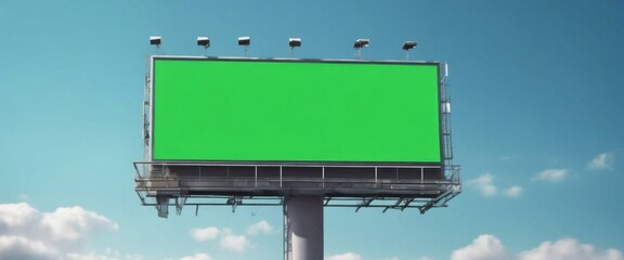 Large green billboard against a clear blue sky, with no visible content displayed on the screen.