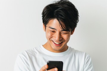 スマートフォンを見て微笑む笑顔の日本人男性（携帯・スマホ・SNS・ゲーム・連絡）