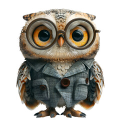 A 3D animated cartoon render of a charming owl wearing a vest and monocle.