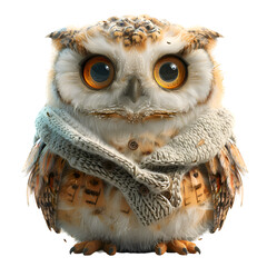 A 3D animated cartoon render of a cute owl holding a small cardigan.