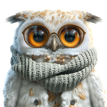 A 3D animated cartoon render of a wise owl in a cozy cardigan.