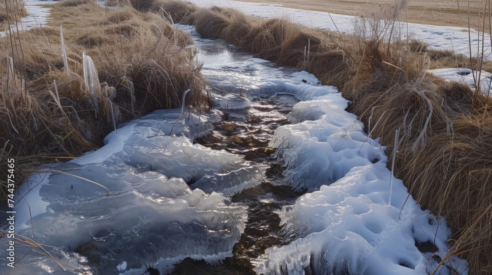 Poster a small stream running through the field its onceflowing water now frozen in time. the icy surface i