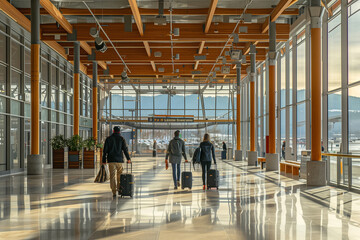 happy family walking through airport with luggage