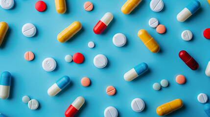 Assorted Pharmaceutical Pills and Capsules on a Vibrant Background, Medical Health Concept, Generative Ai

