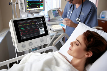 Young woman lying in hospital bed at medical equipment and sensors